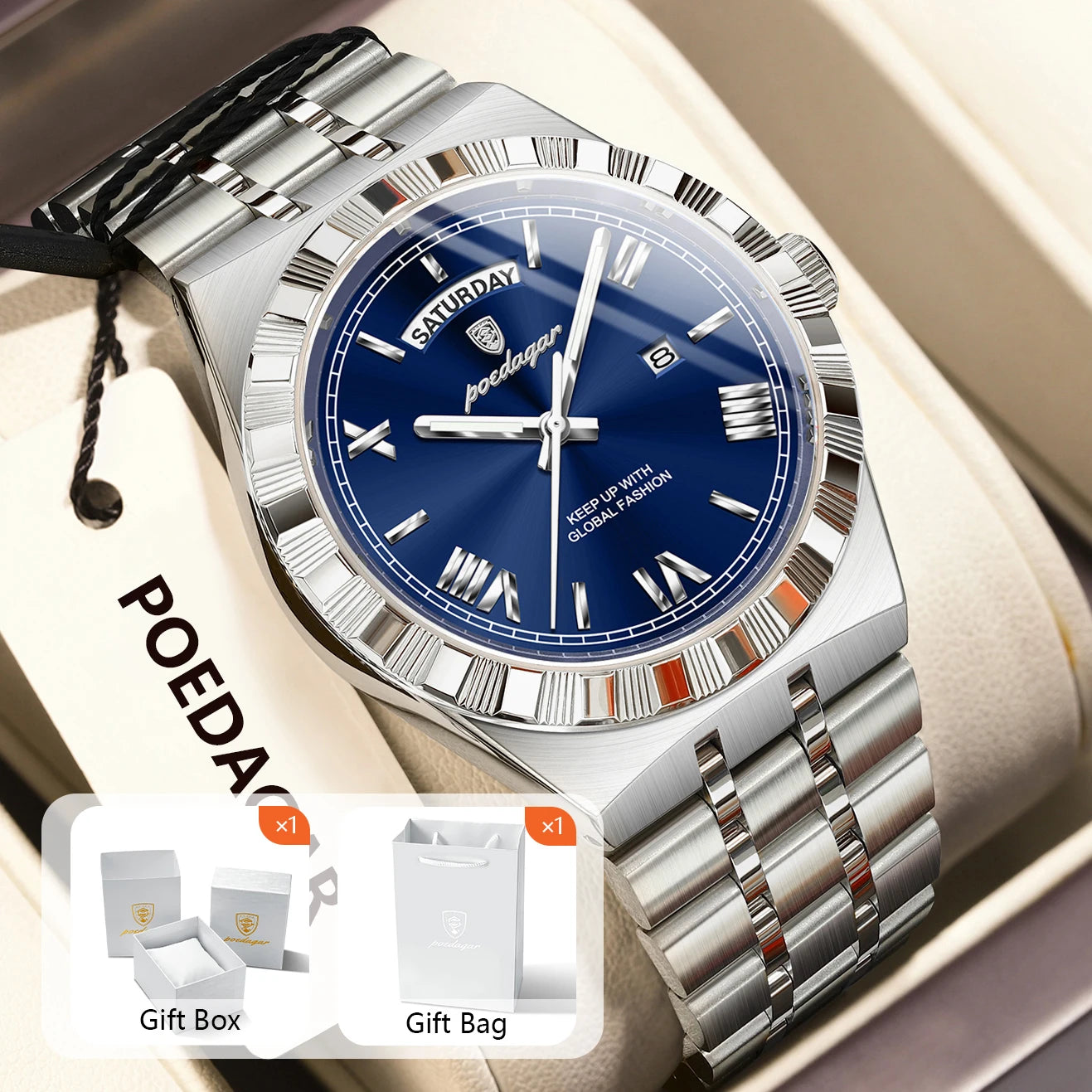 POEDAGAR Original Male Watch Luminous Waterproof Week Date Men Wristwatch Stainless Steel Business Quartz Men's Watches Gift+Box