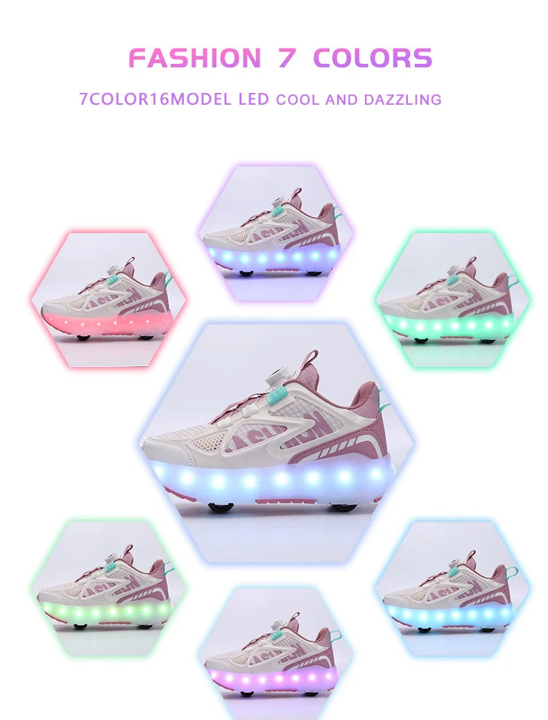 Children's Roller Skate Shoes 4-Wheels Removable Wheeled Rolling Shoes for Kids with LED Light Inline Skate Sneaker
