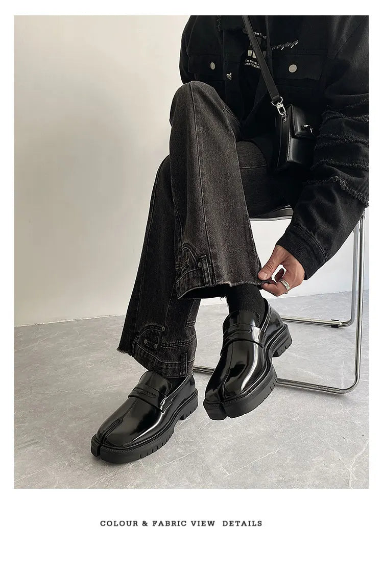 Split toe horseshoe shoes for men's thick sole Loafer shoes Tabi shoes patent leather Korean version trend casual leather shoes