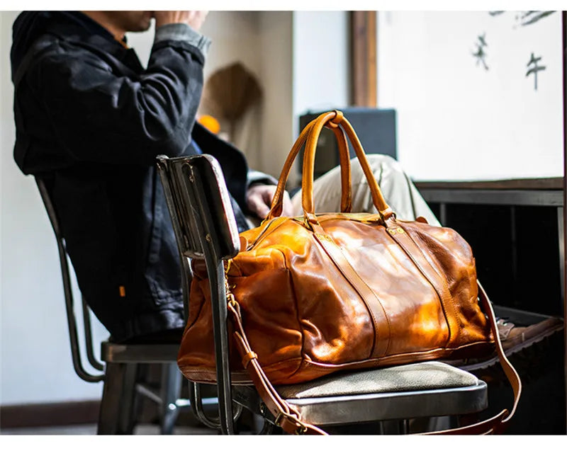 Vintage fashion luxury genuine leather men's travel bag outdoor weekend large capacity crossbody bag real cowhide women handbag