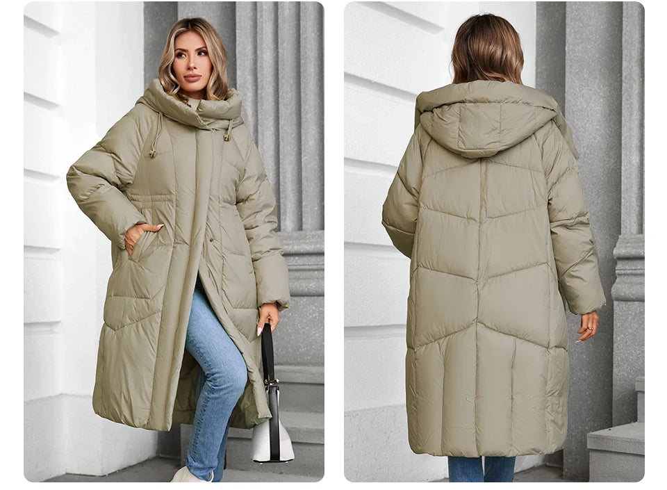 GASMAN 2024 Winter Down Jacket Women Long Classic zipper Design Pocket Stand Collar Hooded Slim Coat Women Parkas 88590