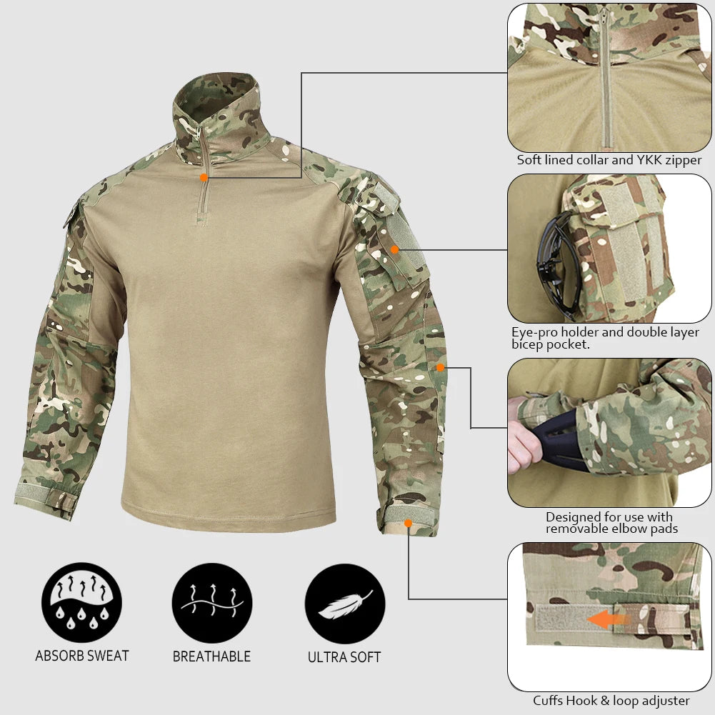 KRYDEX Combat G3 Shirt Tactical Hunting Outdoor Clothes Shirt with Elbow Pads Tiger Stripes Camo Ranger Green Gen3 Shirt