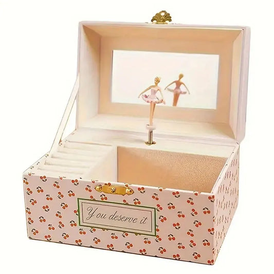 Cherry Musical Jewelry Box Pink Music Box w/ Mirror, Spinning Girl, Cute Jewelry Storage Case Desk Organizer for Girls Birthday