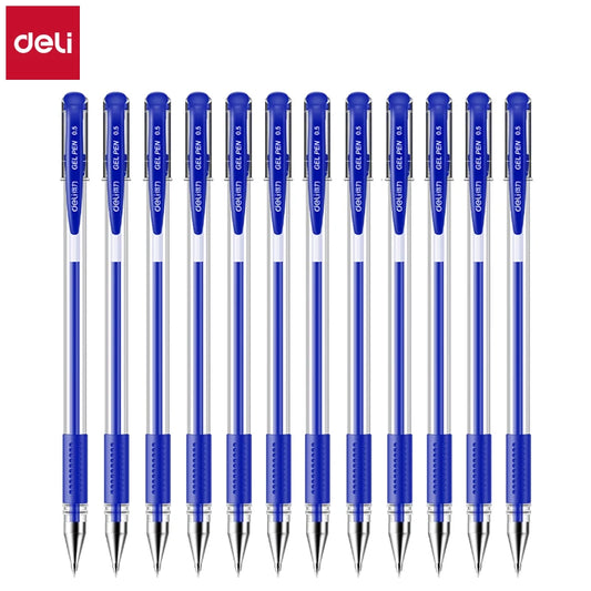 Deli 12-Pack Gel Pen Set 0.5mm Ballpoint Black Blue Red Ink Colors Writing Tools for School Office Stationery Supplies