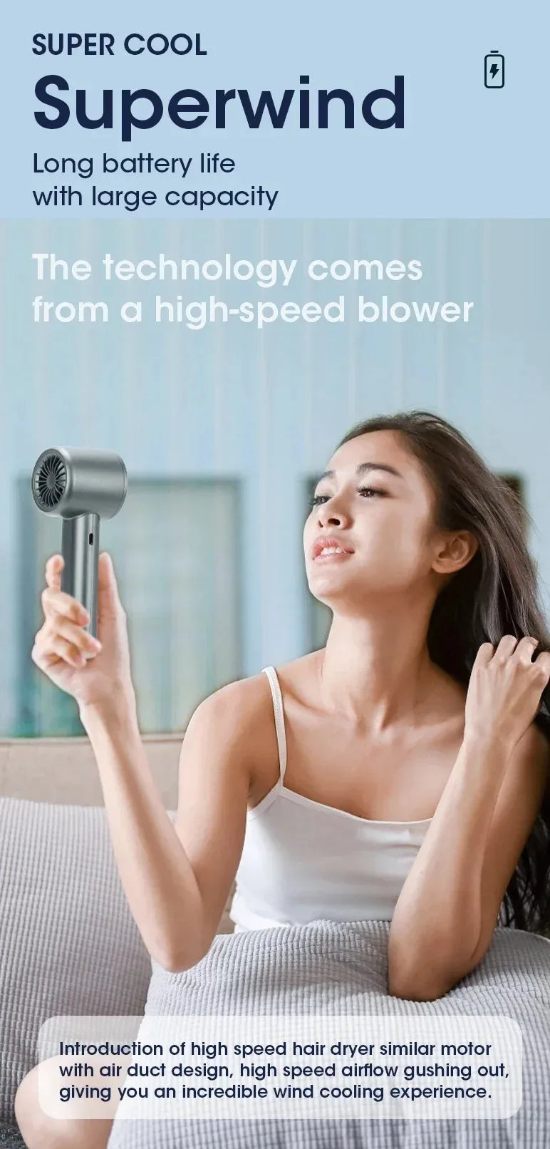 Mini Handheld Fan Portable Personal Highspeed Fans With Power Display USB Rechargeable 120 Wind Speeds Mini Handheld Fan