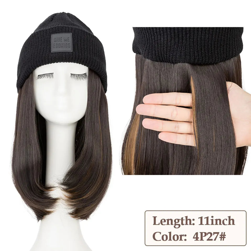 Hat Wig Knitted Beanie Wig Hat Hair Extension Straight Wig Hat Attached 11 Inch Synthetic Hairpiece for Women Girls Winter