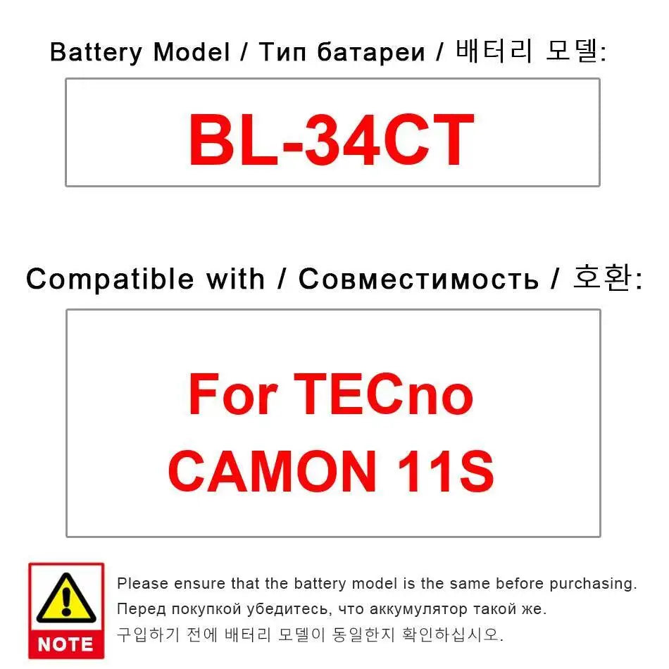 Mobile Phone Battery For Tecno Camon 11S BL-34CT High-Efficiency Durable 3500Mah