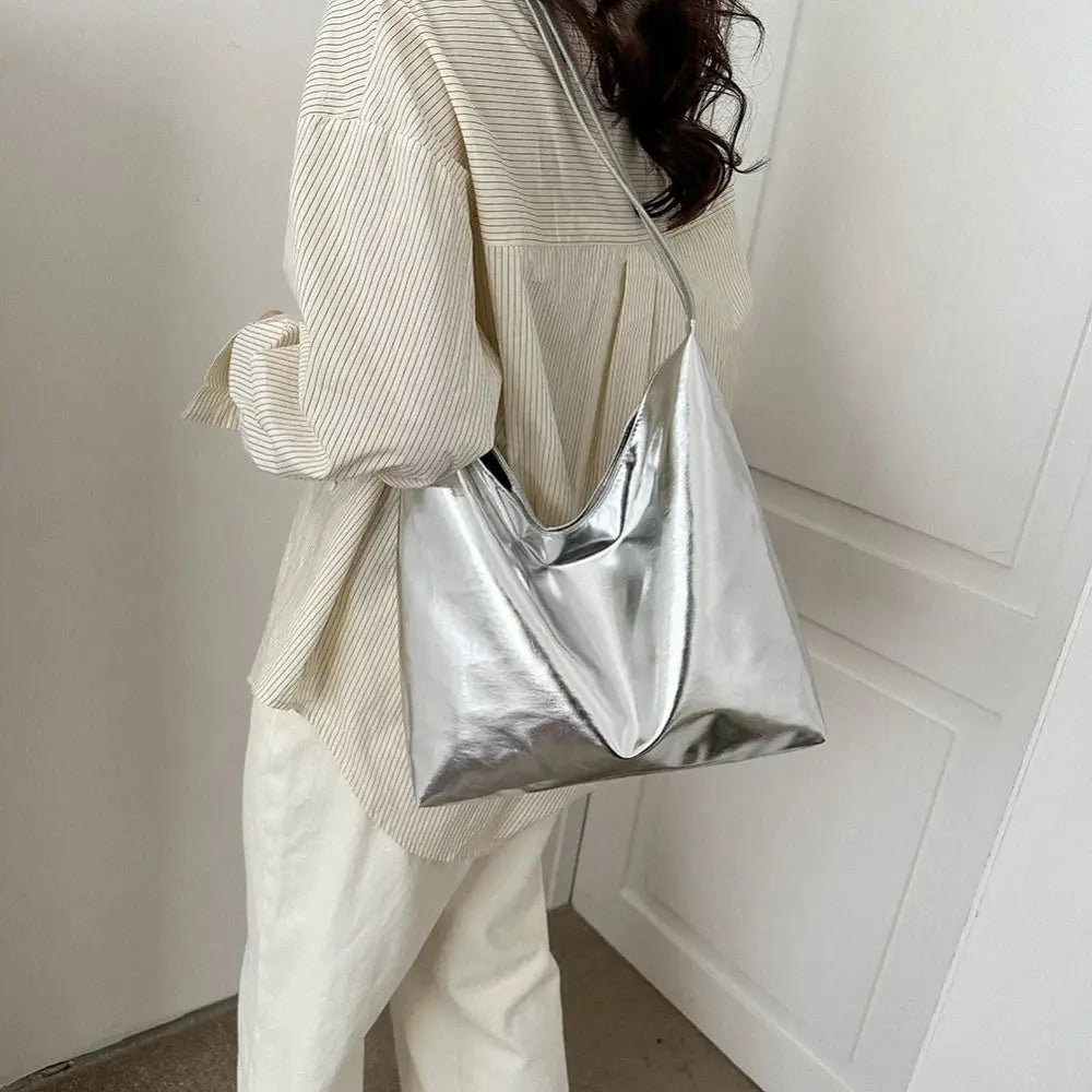 PU Top-Handle Handbag Luxury Designer Bag for Women Fashion Shopping Bag High Capacity Silver Gold Casual Leather Tote Bag