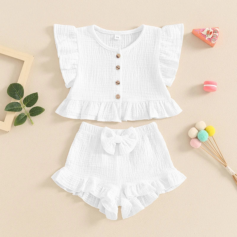 Pudcoco Little Girl 2 Piece Summer Set, Fly Sleeve Button Down Ruffled Tops Bow Elastic Waist Shorts Baby Toddler Set 6M-4T