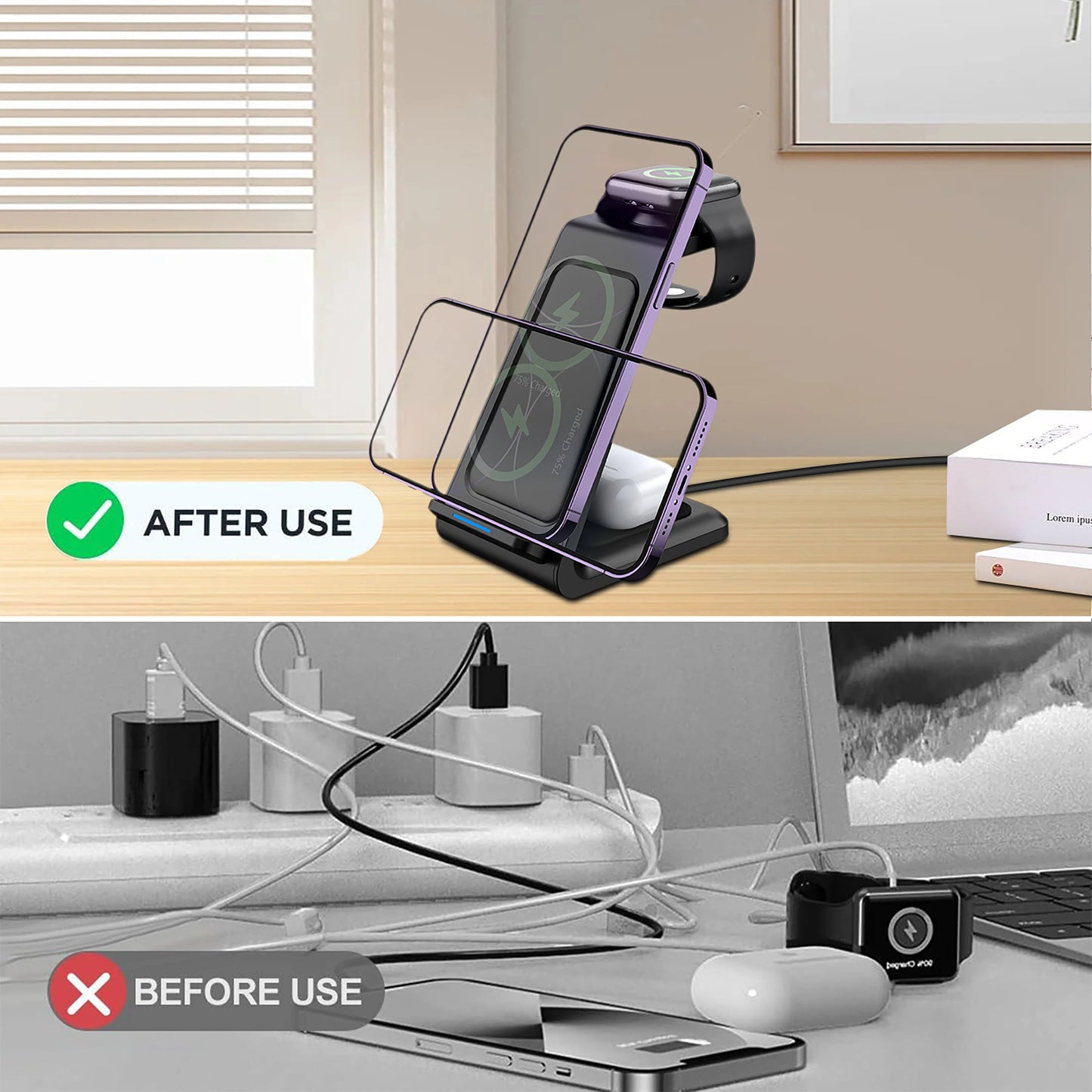 Wireless Charger iPhone Charging Station 3 in 1 Charger Stand Multiple Devices for iPhone 17 16e 16 15 14 Pro Max 13 12