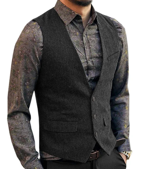 Deep V-Neck Suit Vests  Classical Formal  Business Herringbone  Wood Waistcoat Slim Fit Men's Vest For Wedding