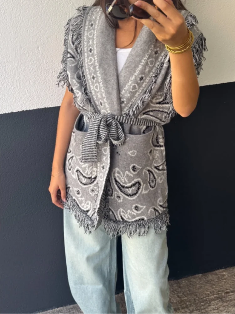 Women's Print Fringe Knitted Vest Coat Fashion Sleeveless Tie Waist Pocket Cardigan Sweater Lady 2025 Autumn Casual Outerwear