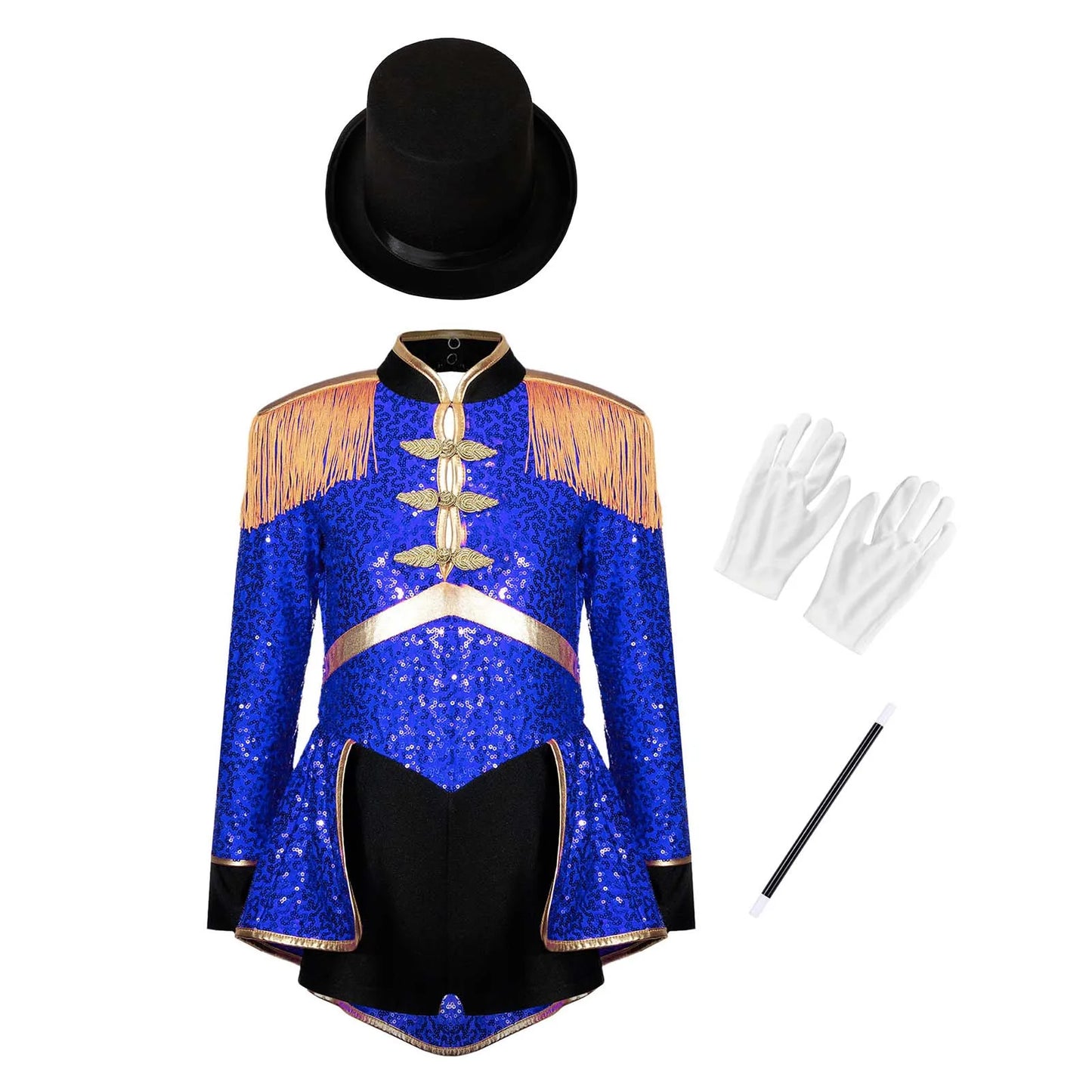 Kids Girls Circus Ringmaster Magician Drum Band Costume Sequins Bodysuit with Hat Gloves Wand Halloween Carnival Fancy Dress Up