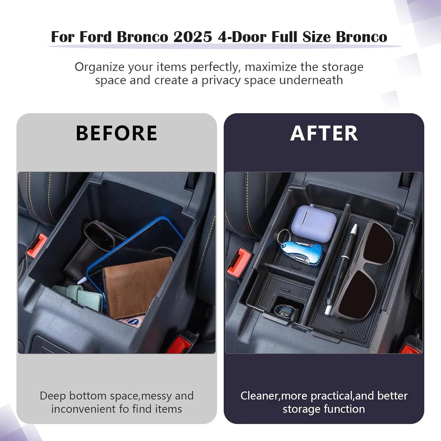 For 2025 Ford Bronco 4 Doors Accessories Center Console Organizer Tray Armrest Box Storage Interior Phone Holder Car Accessories