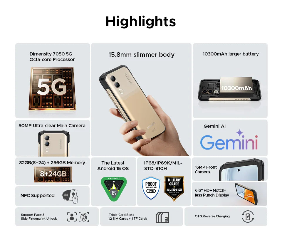 World Premiere DOOGEE Blade20 Turbo 5G Rugged Phone Android 15 Gemini Al 6.6'' HD+ 8GB 256GB AI Dual Camera 10300mAh Battery