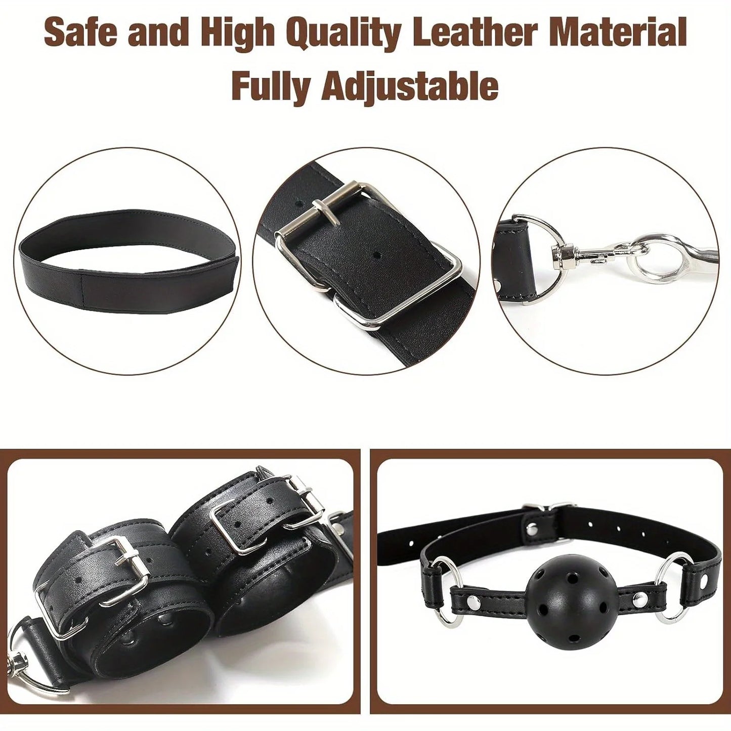 BDSM Bondage Kit Anal Hook, Neck to Wrist Behind Back Handcuffs Collar with Anal Trainer & Ball Gag, Bed Restraints SM Games Too