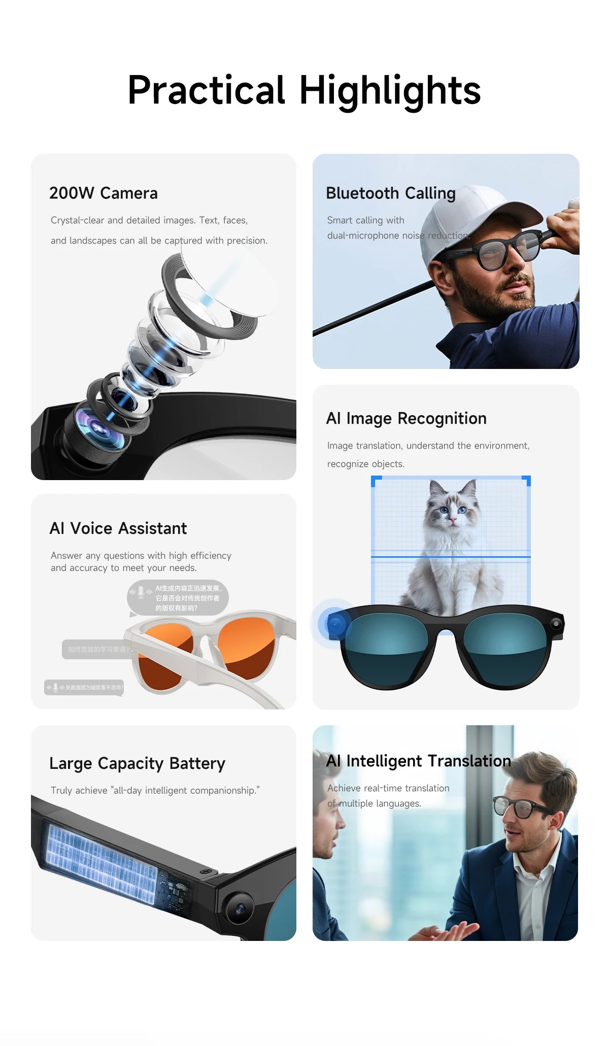 New Intelligent Ai Camera Glasses 200W Pixel HD Shooting Translation Bluetooth Call Intelligent Recognition Sunglasses Men Women