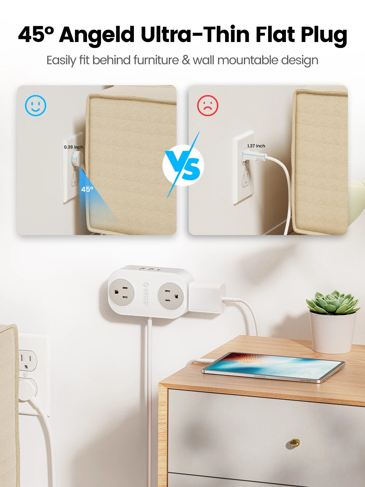 ORICO Travel Power Strip with USB C AC Outlets 3 USB Ports Wrapped Flat Plug Extension Cord with Multiple Outlets for Travel