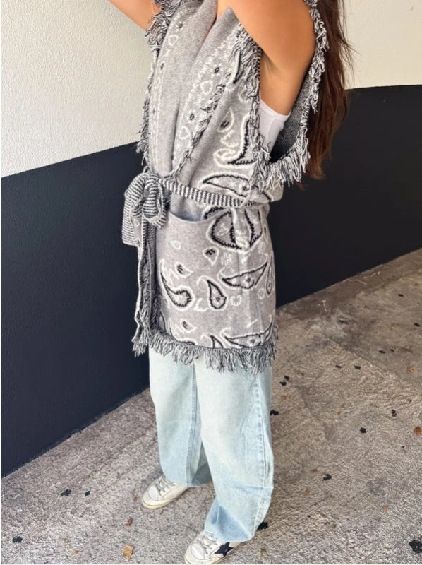 Women's Print Fringe Knitted Vest Coat Fashion Sleeveless Tie Waist Pocket Cardigan Sweater Lady 2025 Autumn Casual Outerwear