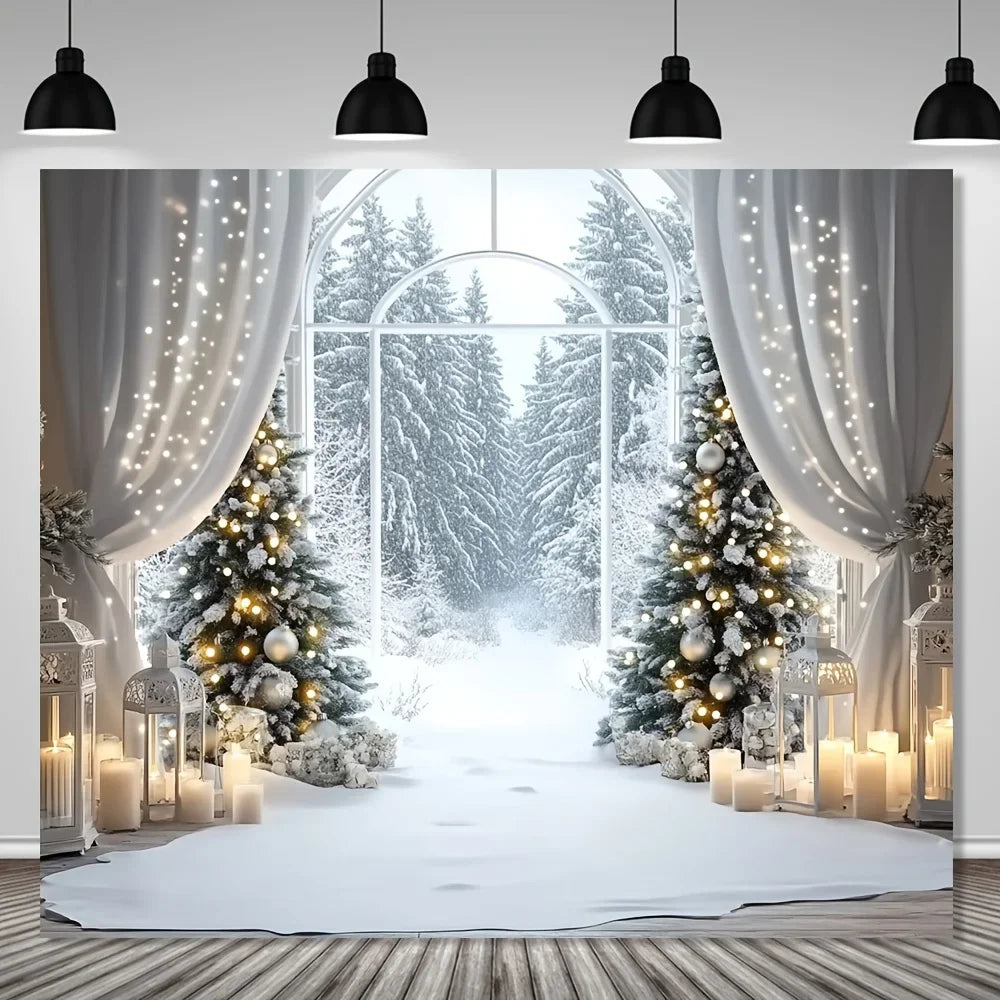 1 piece farmhouse style winter background with snowy forest scene and few feathers, suitable for outdoor decoration