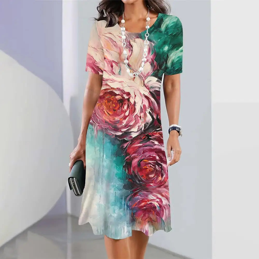 2024 New Spring Women's Dresses Floral Printed Elegant Casual Short Sleeve Dresses Fashion Oversized Women's Dresses