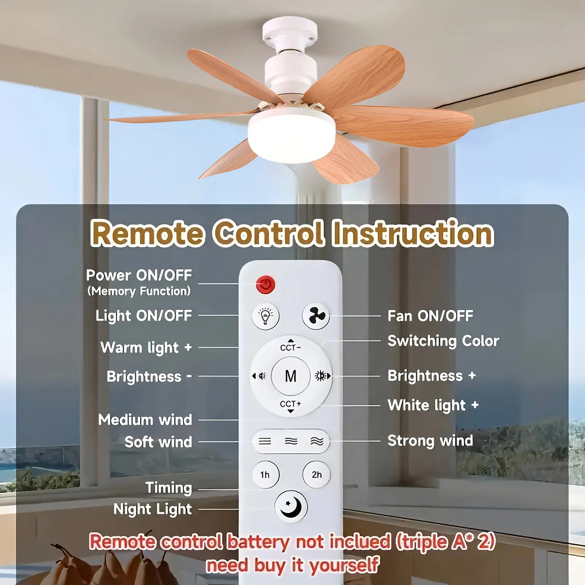 E26/E27 Lamp Holder Fan Light, Smart Ceiling Fan with Light and Remote Control, Easy to Install, Suitable for Bedrooms, Kitchens