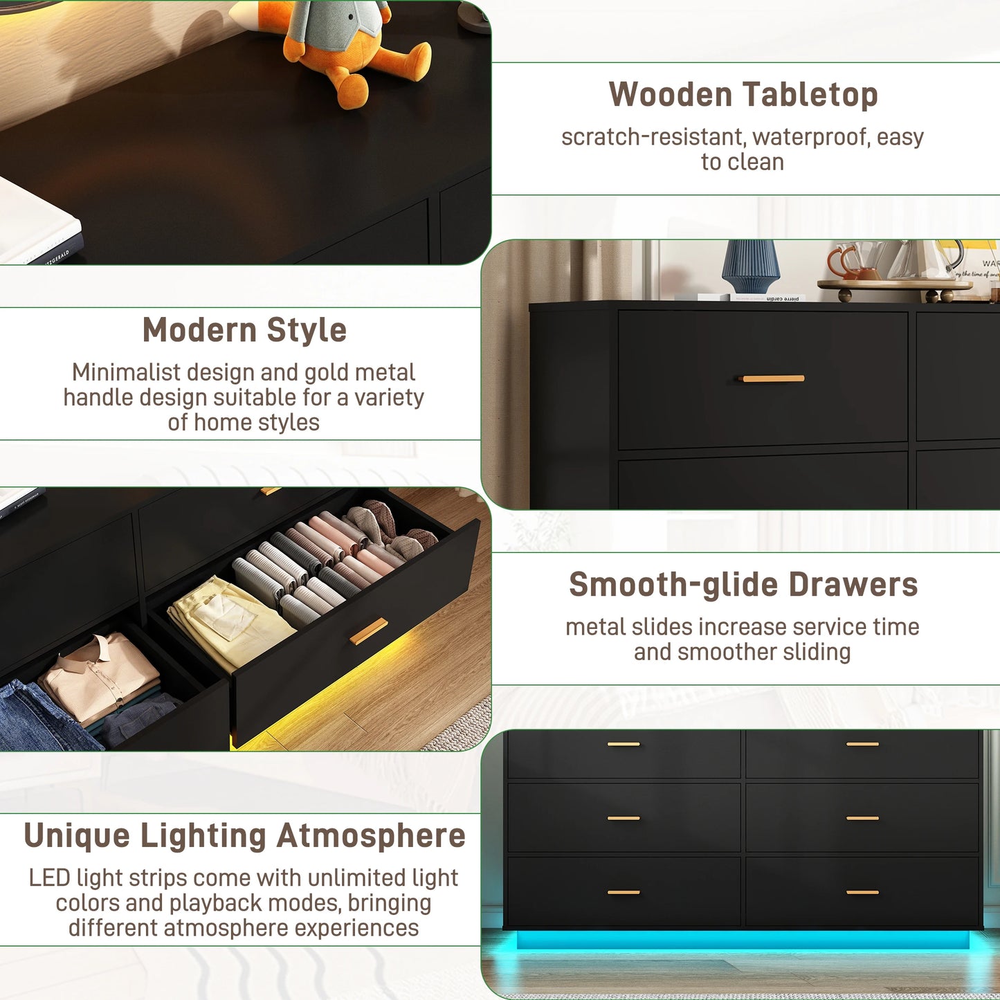6 Drawers Dresser w/Power Outlet, 59" Long Wooden Dresser Chest, 60000-Colors Lights for Bedroom, Metal Handles of Drawers