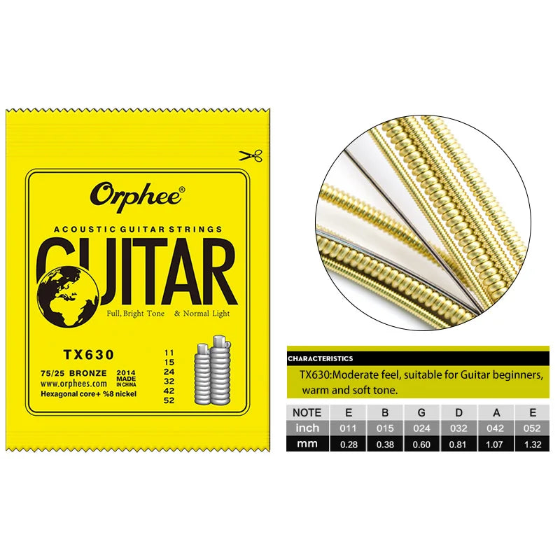 Orphee Acoustic Guitar Strings Set Medium Carbon Steel Hexagonal Core Rust Prevention Treatment Folk Guitar Parts & Accessories