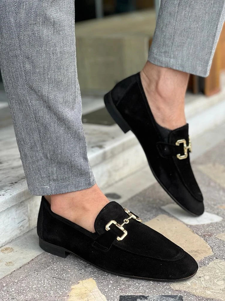Loafers Men Shoes Black Beige Flock Round Toe Metal Decoration Men Dress Shoes Slip on Men Shoes