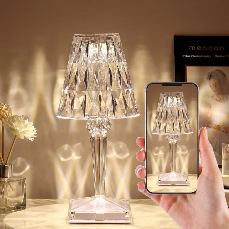 Portable Modern Acrylic Diamond Table Lamp with Crystal -Wireless Night Light for Bedroom Decor and Desk Use Including Lampshade