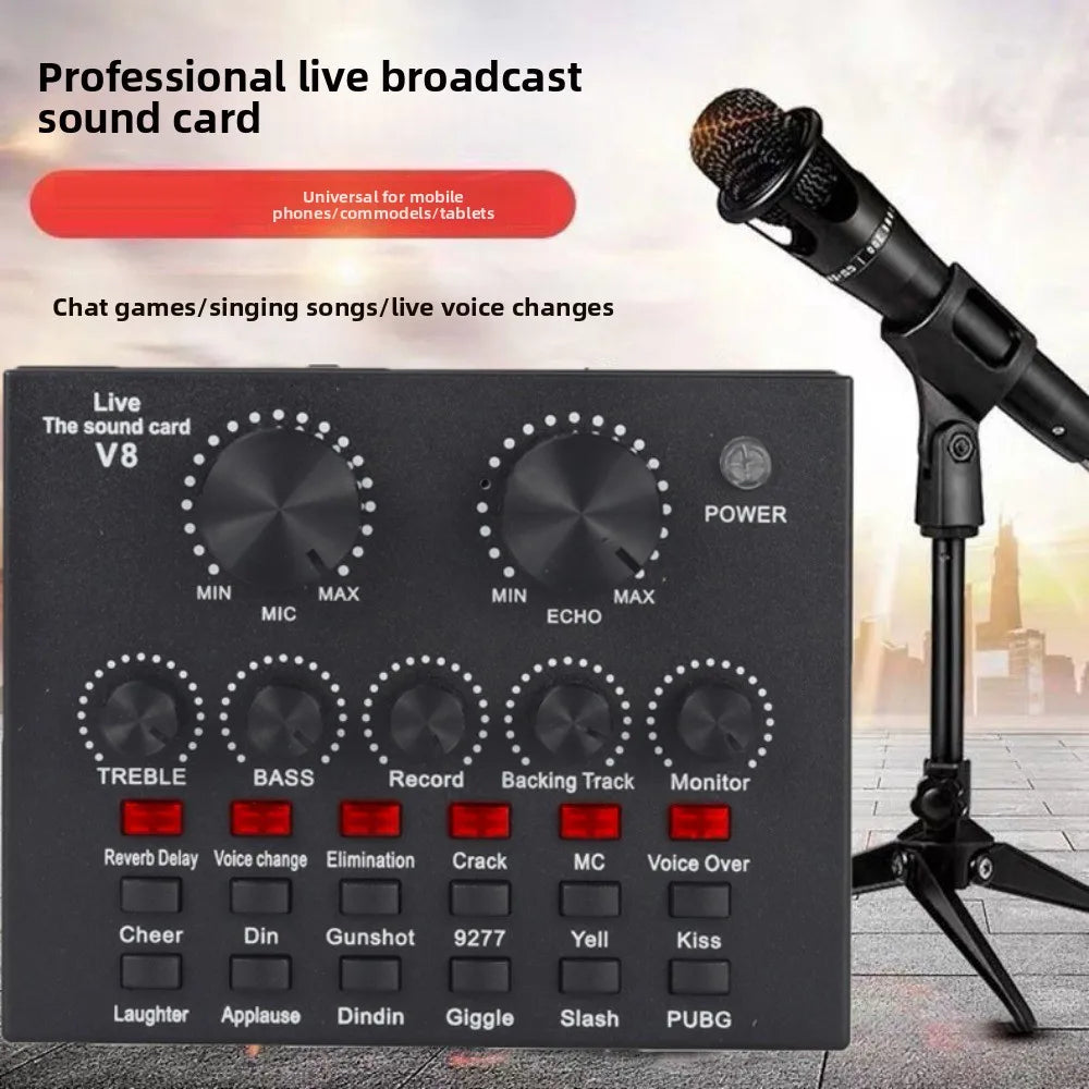 Audio Mixer V8 Sound Card Karaoke Recording Studio Record Mic Sound Card Black White External Sound Card Mobile Record