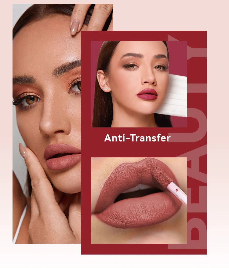 6 Colors of Long-Lasting Velvet Liquid Lipstick with Matte Texture Waterproof Non-Stick Cup Professional Lip Makeup Products