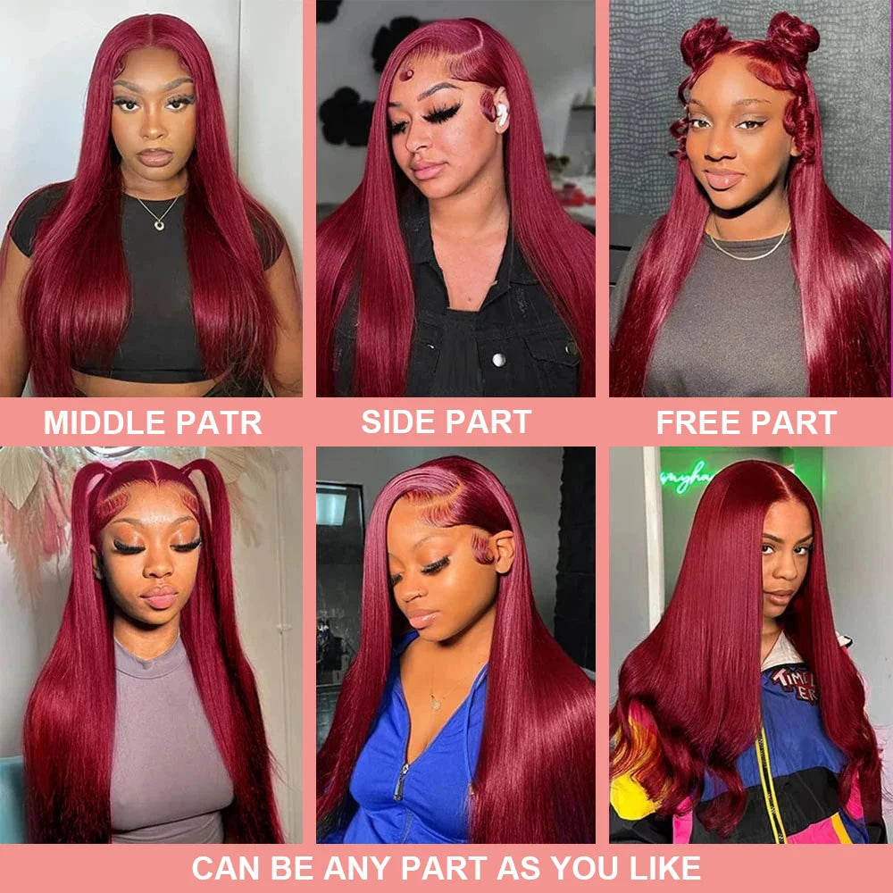 Burgundy Transparent Lace Frontal Human Hair Wig 7x5 Glueless Red 99J Straight Colored 13x4 Lace Front Human Hair Wigs For Women