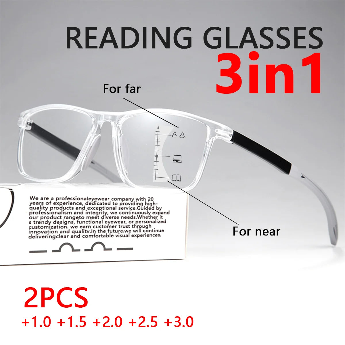 2PCS 3-in-1 Progressive Reading Glasses - Anti-Blue Light, Multifocal Lenses for Near & Far Vision, +1.0 to +3.0 Diopter