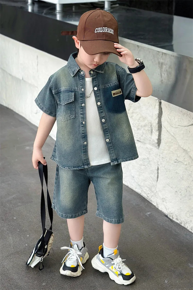2025 Trendy Boys' Denim Set Vintage Wash Short Sleeve Shirt & Shorts 2-Piece Summer Outfit