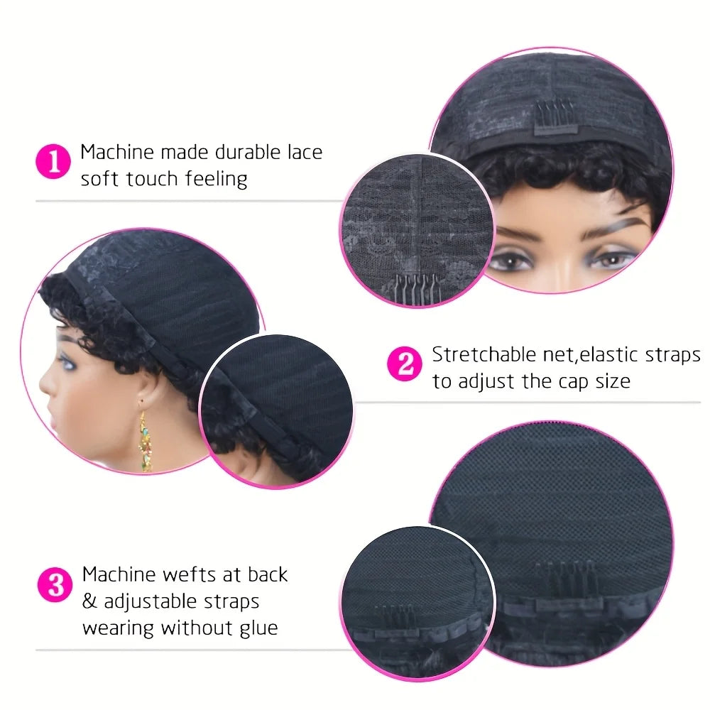 4# Short Pixie Curly Wigs Human Hair Chocolate Brown Chic Short Pixie Cut Human Hair Wig With Bangs Full Machine Made Wigs