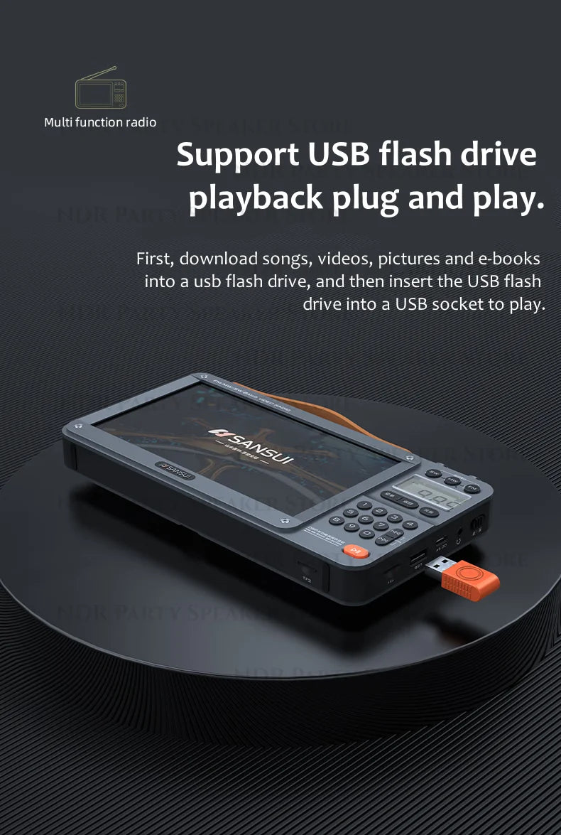 SANSUI Portable FM/MW/SW Radio 7-inch HD LED Display Radio Wireless Bluetooth Speakers Dual TF Card Slot MP4 Video Music Player