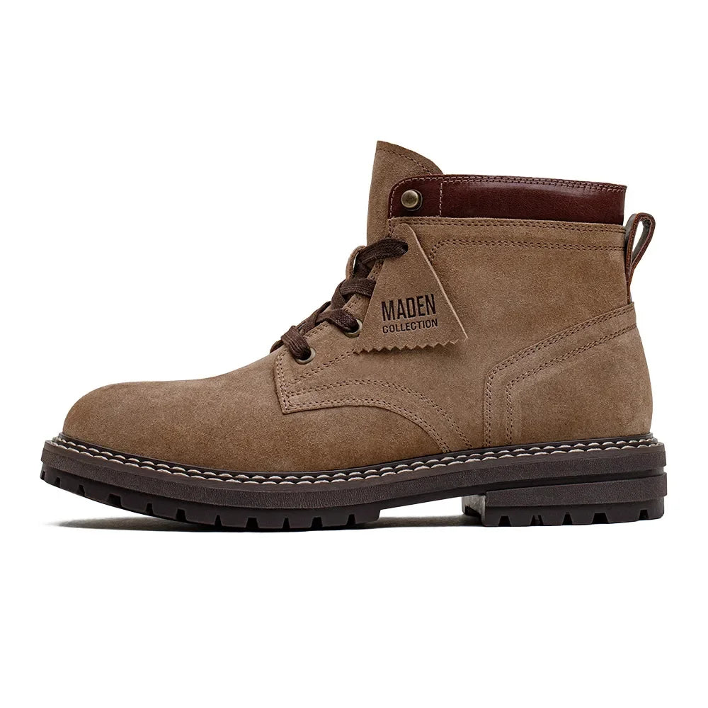 Maden Autumn and Winter Mid-top Work Boots for Men Round-toed Flat-heeled Boots Retro Outdoor Shoes Wear-resistant Rubber Sole