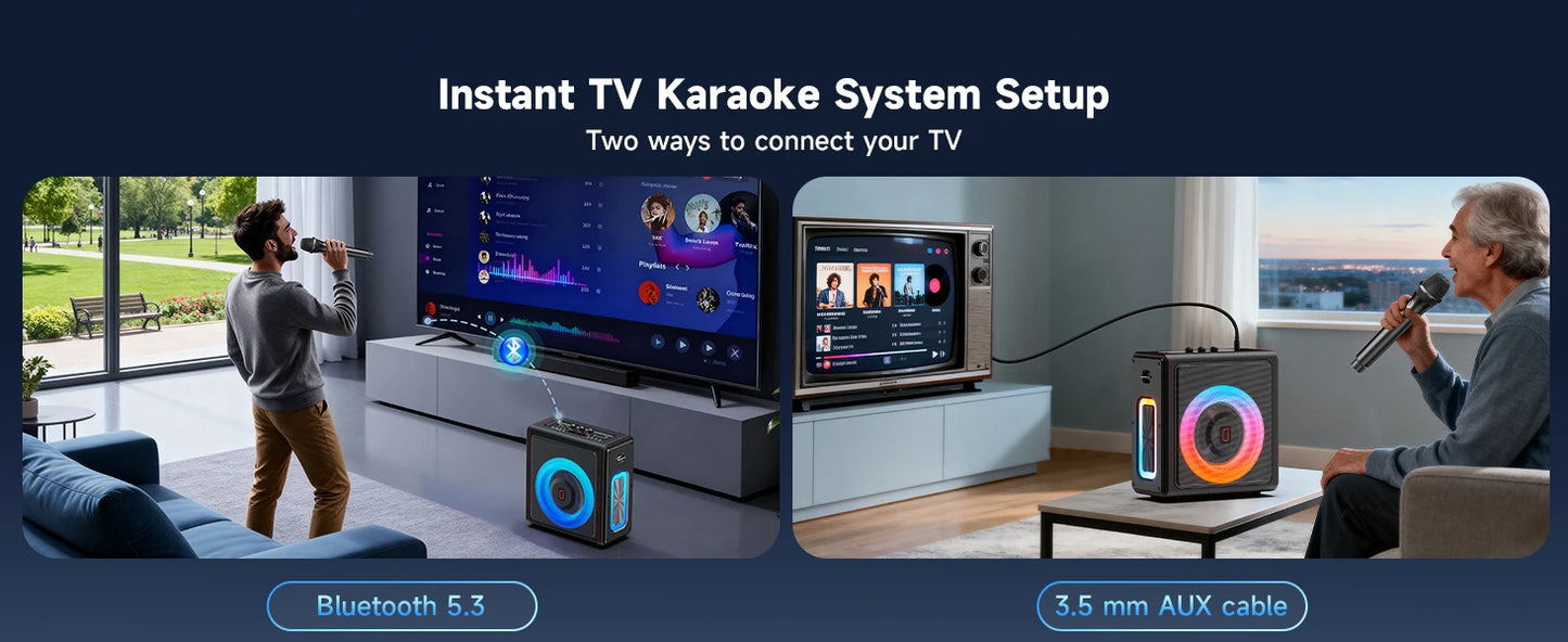 Karaoke Machine, Portable Bluetooth 5.3 Speaker with 2 Wireless Microphones for Adults, Supports TWS/TF Card/USB/AUX/Live