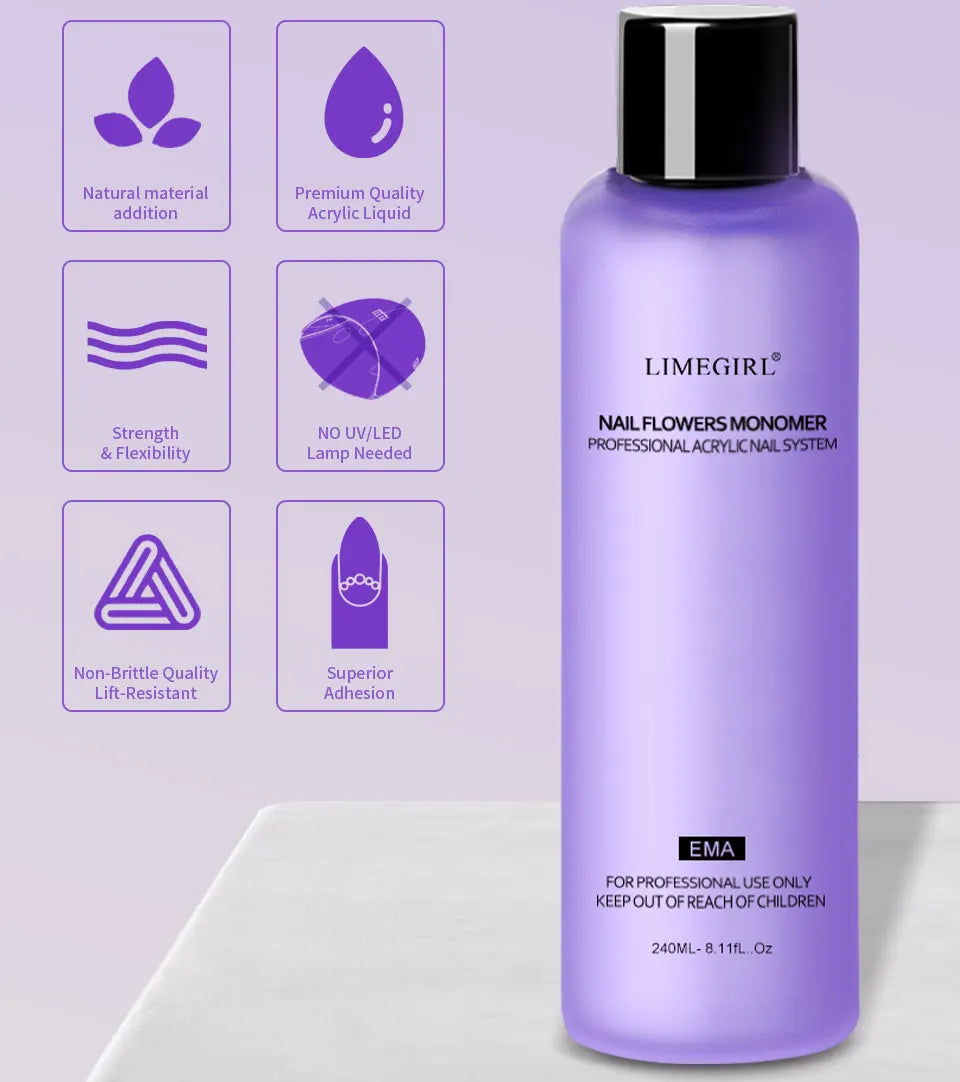 Limegirl Nail Acrylic Liquid Monomer Crystal 40ml/75ml/120ml/240ml for Nail Art Acrylic Powder Extension Professional Manicure