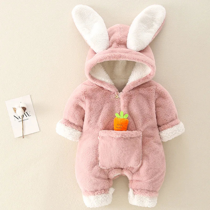 ZOETOPKID Baby Rompers Winter Warm Coral Fleece Newborn Boys Girls Clothes Cartoon Rabbit Coats Infant Jumpsuit Animal Overalls