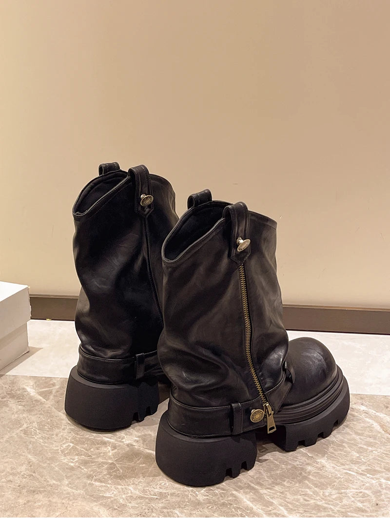 Designer Vintage Women Ankle Boots Fashion Slip On Knight Short Booties Ladies Casaul Platform Heels Botas Mujer