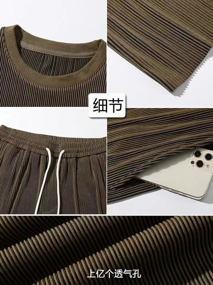 Men's Wrinkled Ice Silk Sports Set 2024 Summer New Short sleeved Long Pants Two piece Set Fashionable, Breathable, and Cool 3