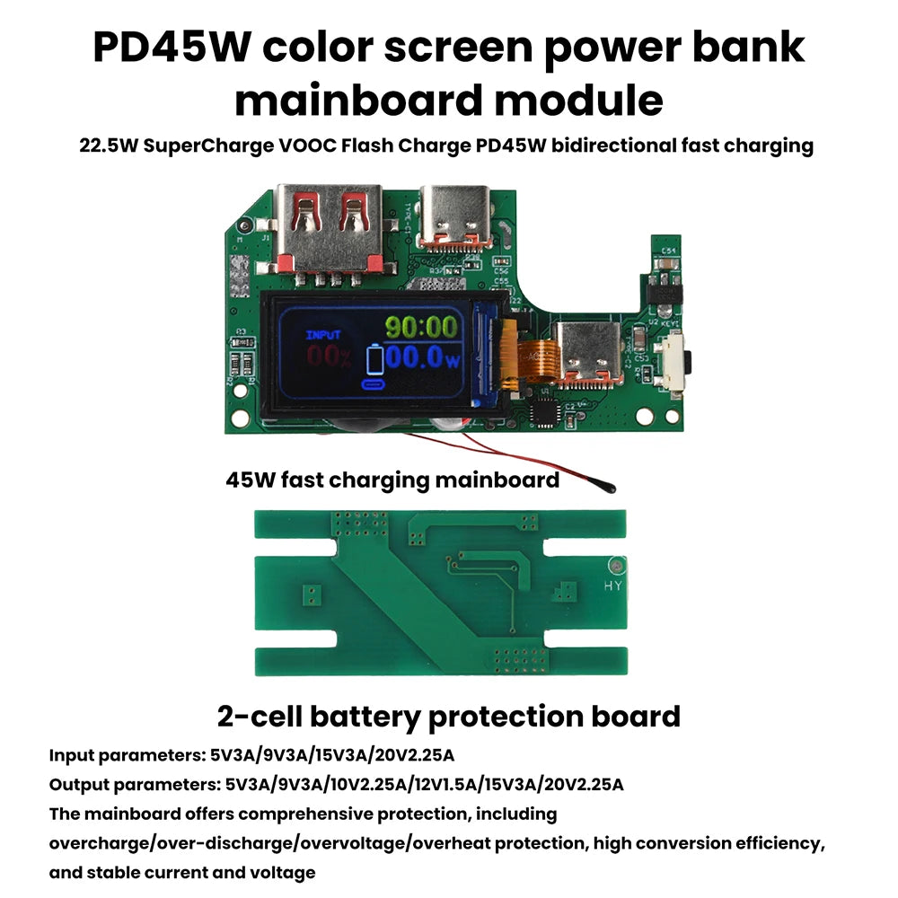 45W 2S 65W 3S Fast Charging Module with TFT Display PD QC Compatible DIY Power Bank Circuit Board for Portable Chargers