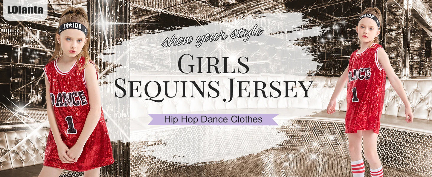 LOlanta Girls Hip Hop Dance Clothes Kids Jersey Sequin Dress Long Tank Top Jazz Cheerleading T-Shirt