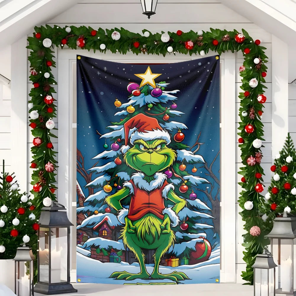 New Christmas Door hanging Green Haired Monster Christmas Flag Red Green Yard Outdoor Decoration Party Scene Decor