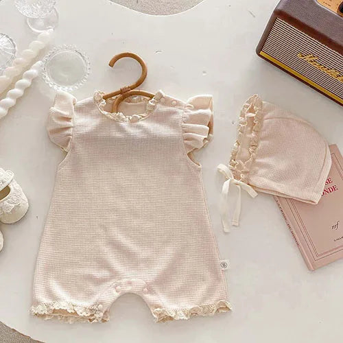 2025 New Summer Infant Baby Girls Bodysuits+Hat Sleeveless Cotton Flower Print Toddler Baby Girls Jumpsuit 0-24M Baby Clothing
