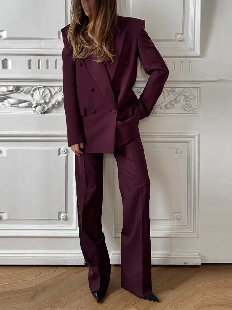 Elegant Blazer Coat Pants Set Women 2026 Lapel Double Breasted Jacket Straight Trousers Female Sets Spring Chic Lady Suit
