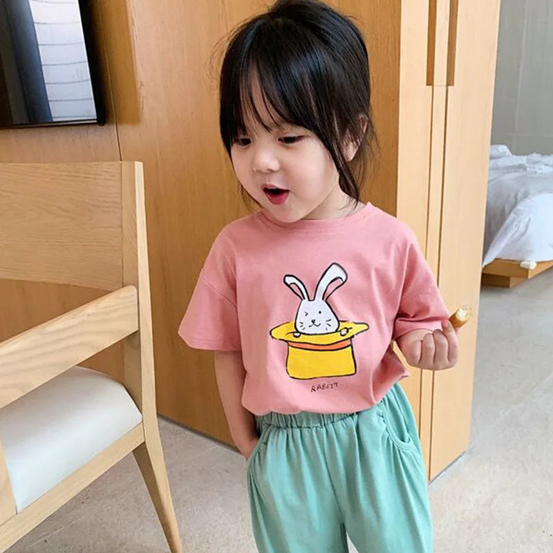 Baby Girls Boys Short Sleeved T-shirt Kids Cotton Top Tees Toddler Cartoon Print Shirts Summer Children's Clothing Korean Style