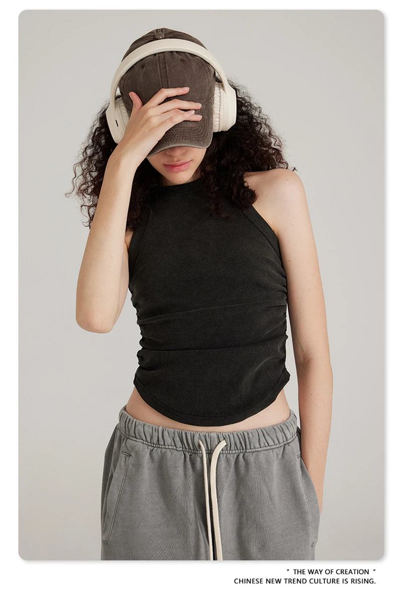 ZODF Women 2025 Hotsweet Girls Washed Cotton Tank Tops Female 315gsm Slim Pleated Arc Hem Camisole TEE Brand Tops HY0574